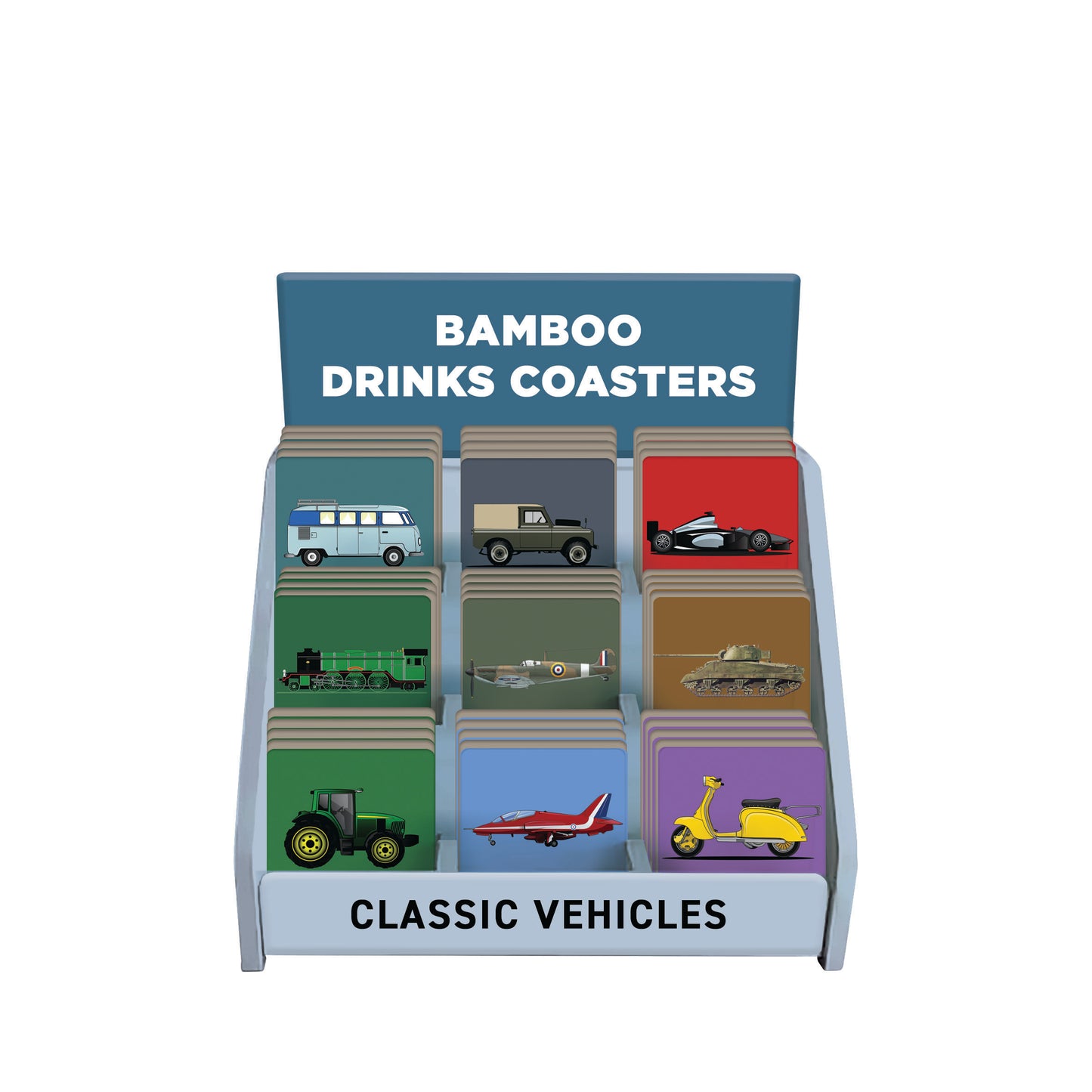 Classic Vehicles Bamboo Drinks Coasters Display Box (x36 units)