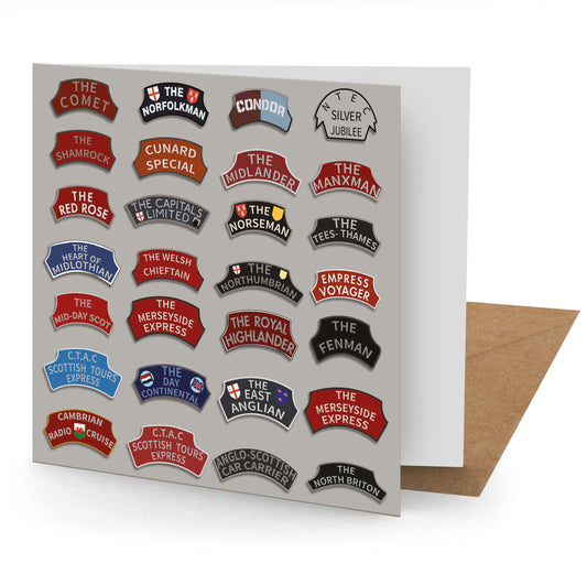 Steam Train Name Plates Greetings Card 150x150mm blank (MINIMUM ORDER QUANITY x 6 UNITS )