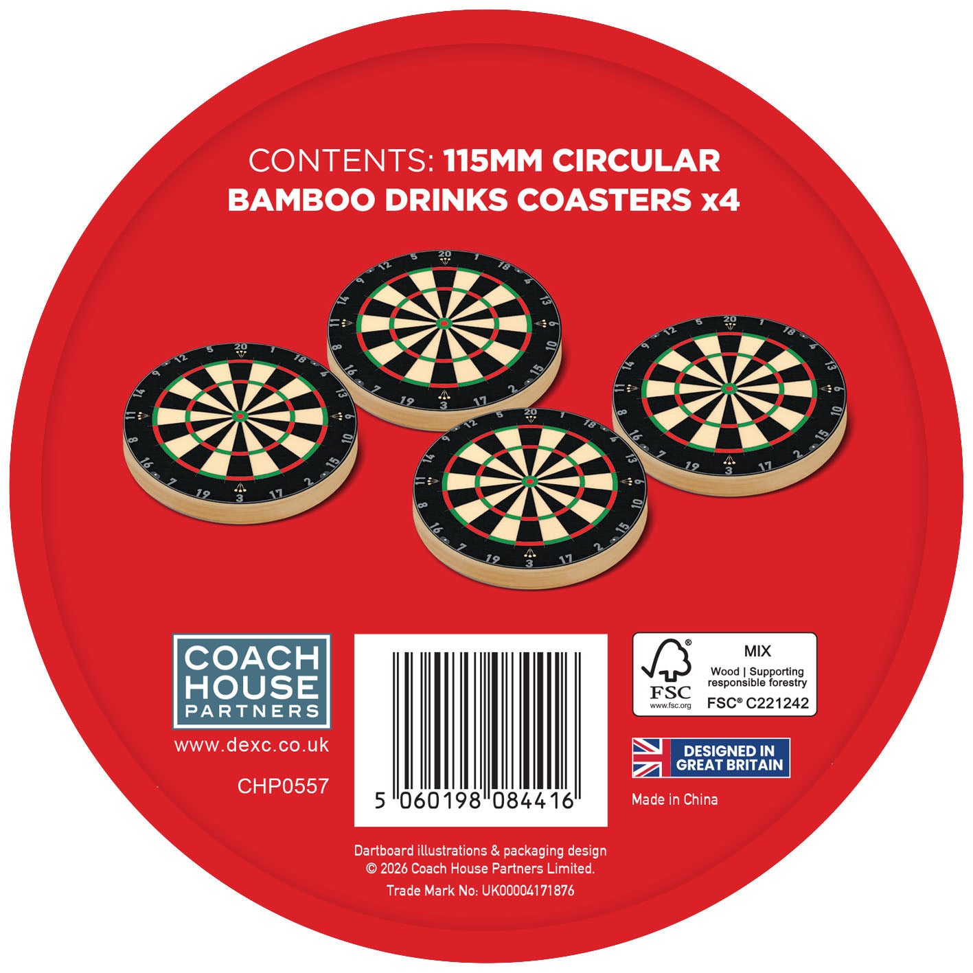 Dartboard Bamboo Drinks Coaster x4 Gift Set (MINIMUM ORDER QUANTITY x 4 UNITS)