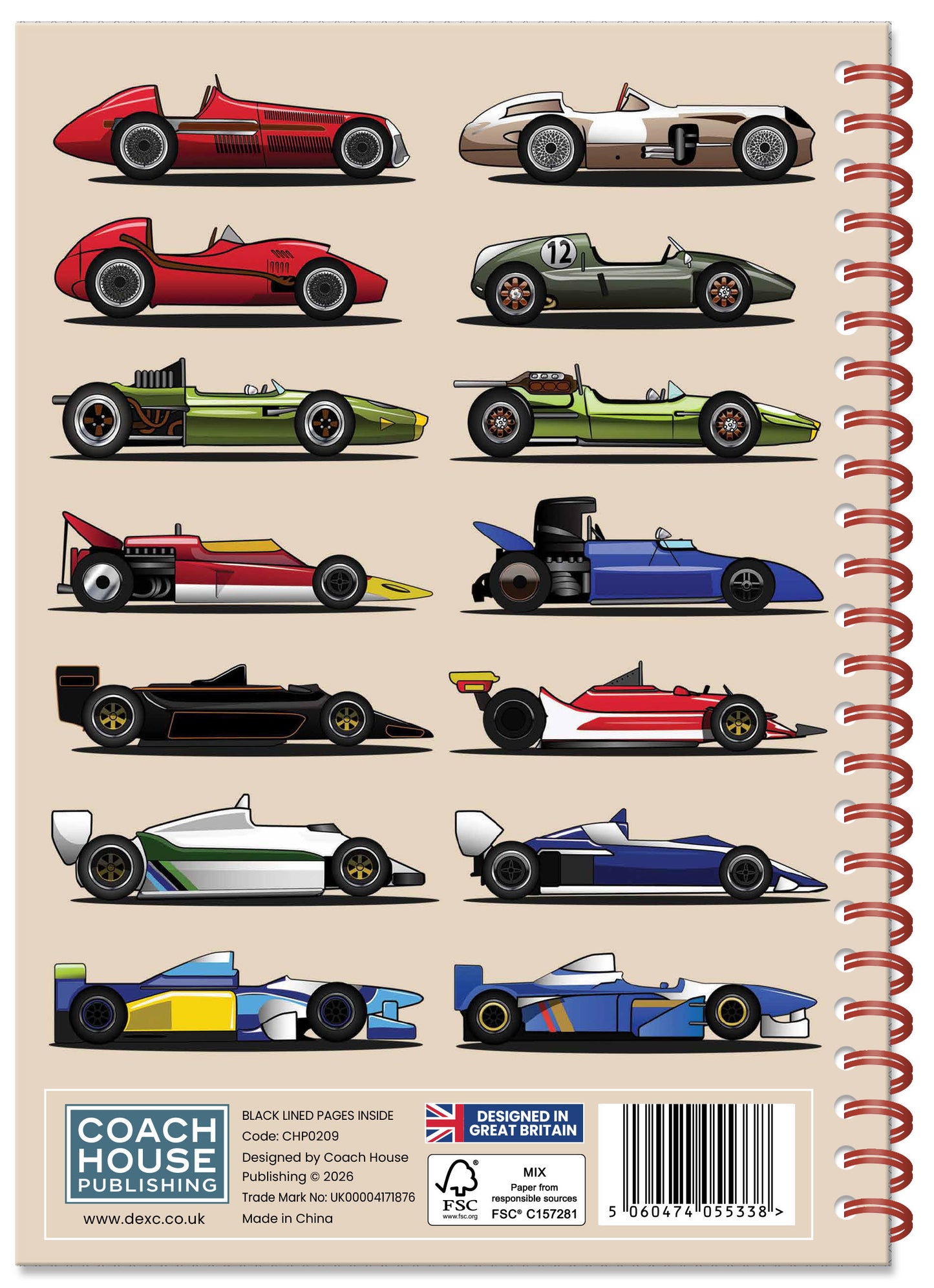 Grand Prix Cars Spiral Bound Notebook  (A5 Lined Pages) (MINIMUM ORDER QUANTITY x 4 UNITS )