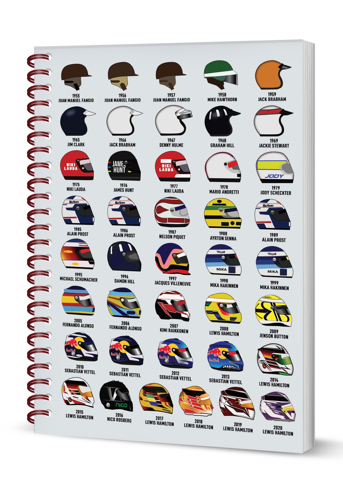 Grand Prix Driver Helmets Spiral Bound Notebook  (A5 Lined Pages)  (MINIMUM ORDER QUANTITY x 4 UNITS)