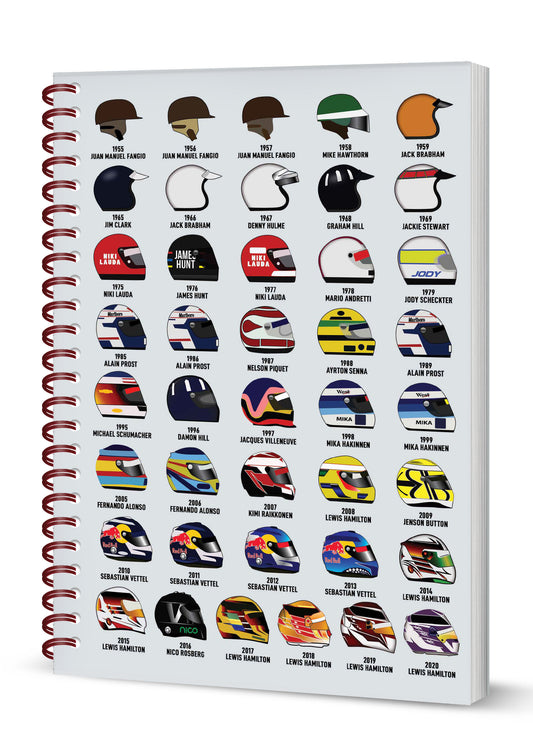 Grand Prix Driver Helmets Spiral Bound Notebook  (A5 Lined Pages)  (MINIMUM ORDER QUANTITY x 4 UNITS)