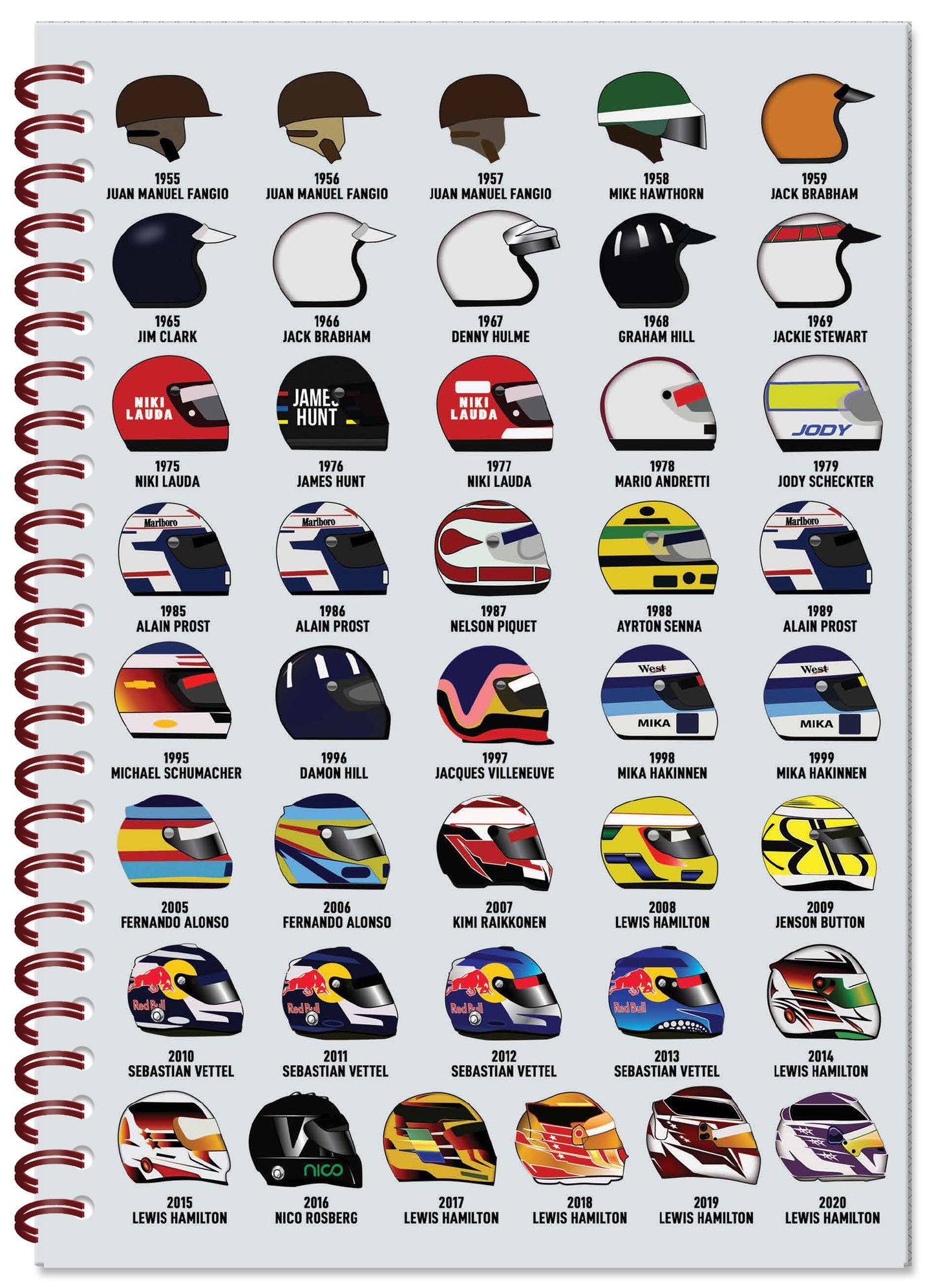 Grand Prix Driver Helmets Spiral Bound Notebook  (A5 Lined Pages)  (MINIMUM ORDER QUANTITY x 4 UNITS)