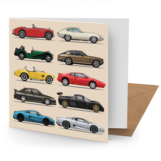 British Sports Cars Greetings Card (MINIMUM ORDER QUANTITY x 6 UNITS)