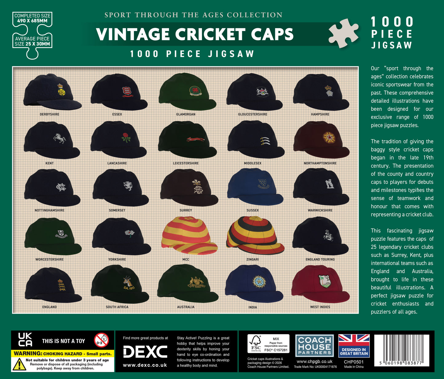 Vintage Cricket Caps 1000 Piece Jigsaw (MINIMUM ORDER QUANTITY x 4 UNITS)