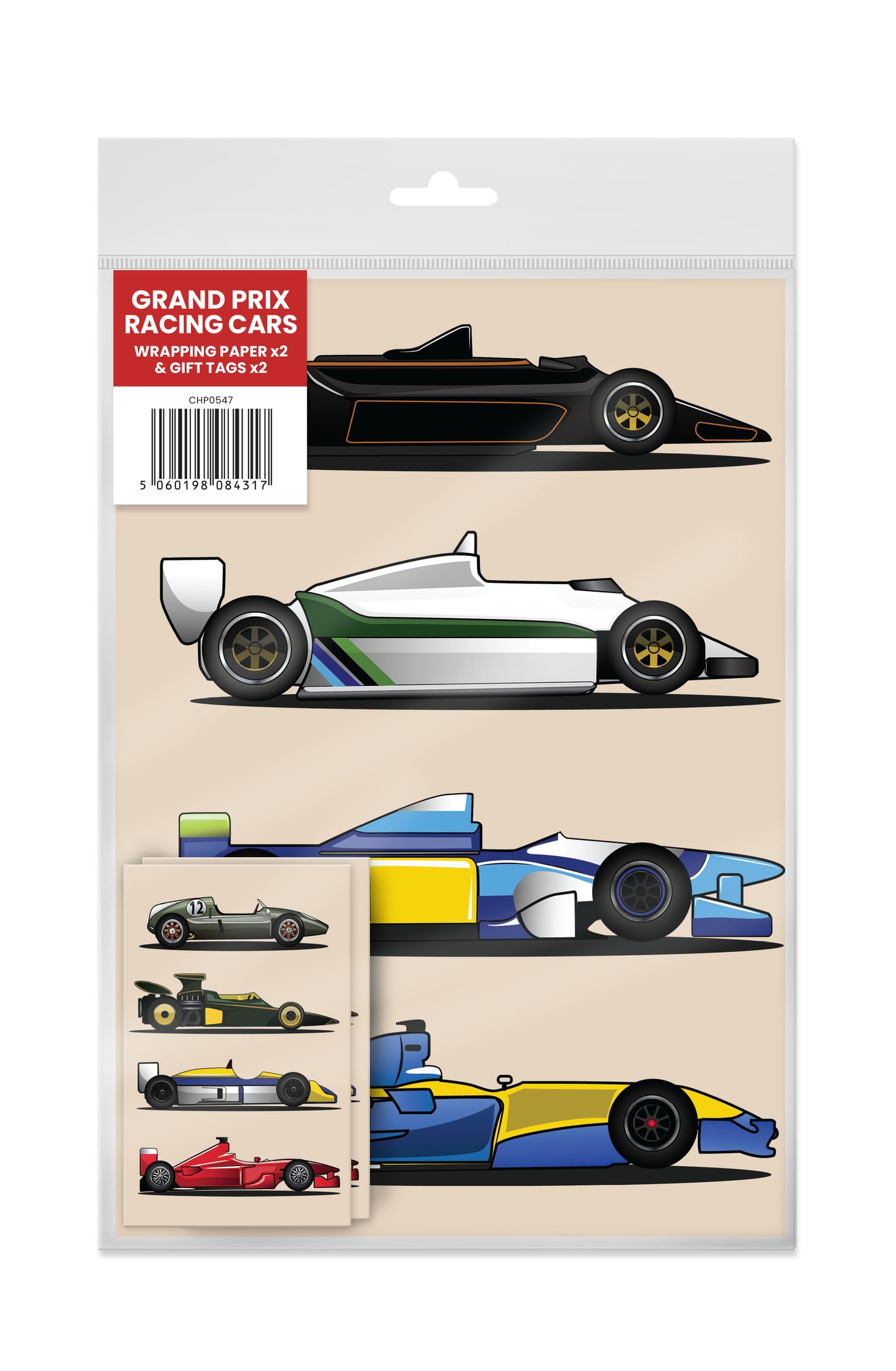 Grand Prix Racing Cars Gift Wrap + Gift Tag x2 (MINIMUM ORDER QUANTITY x 6 UNITS)